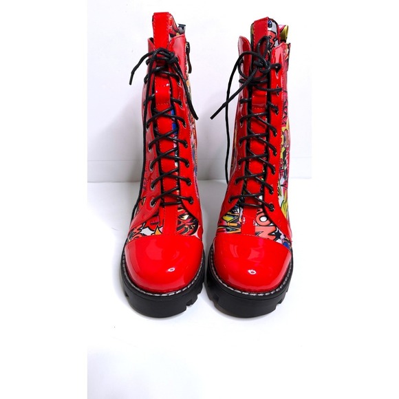 AZALEA WANG Graffiti Pop Art Red Patent Chunky Heel Lace Up Combat Boots  sz 10 - Picture 4 of 7